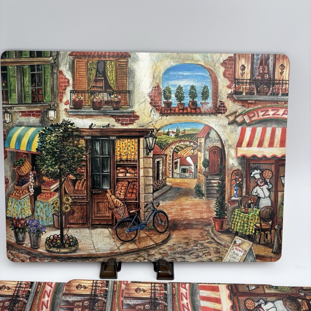 Cala Home Village Square Cork Backed Placemats Set /4 European Street Scene Vtg